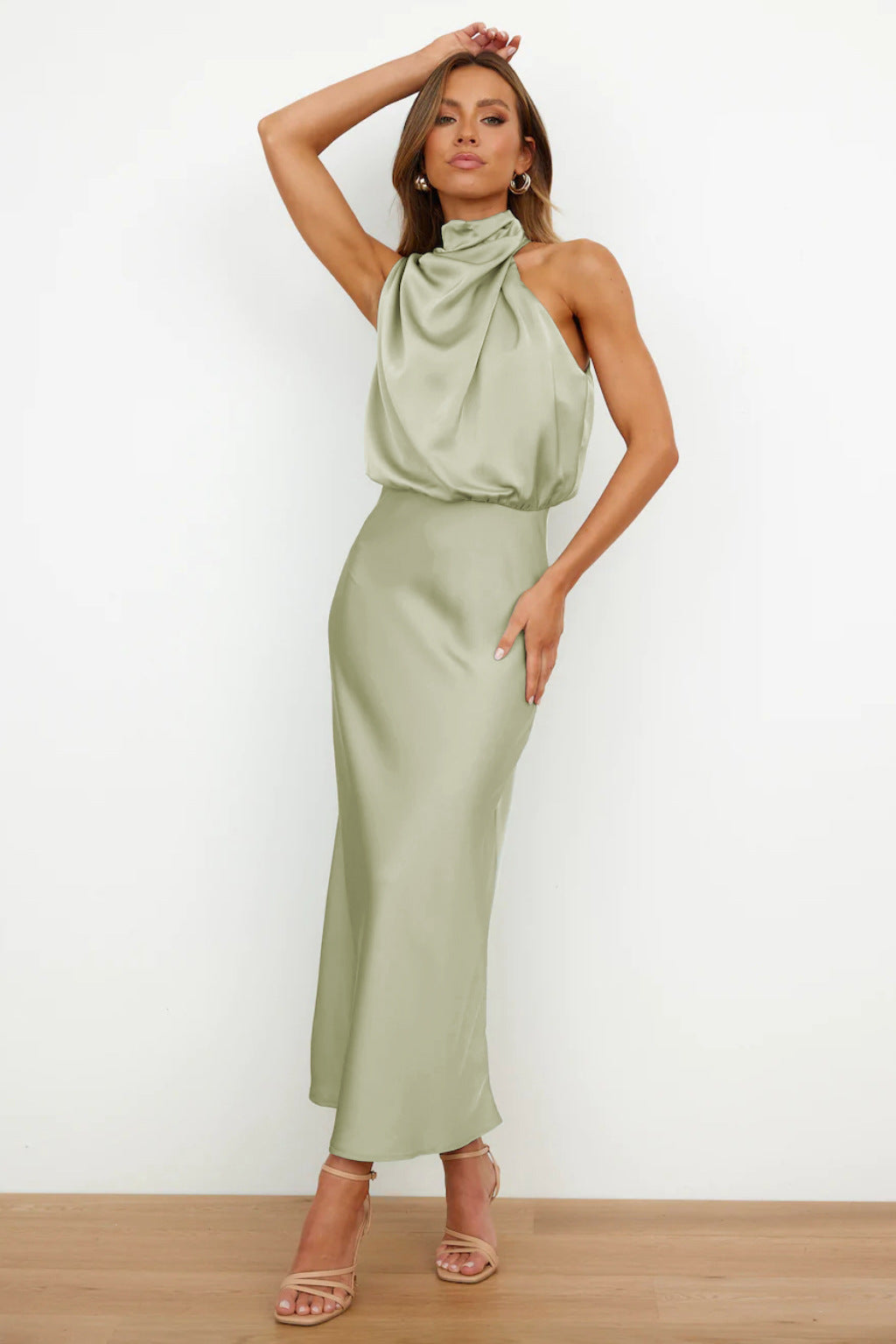 Helena – Elegant Long Satin Dress with High Neck, Various Colors