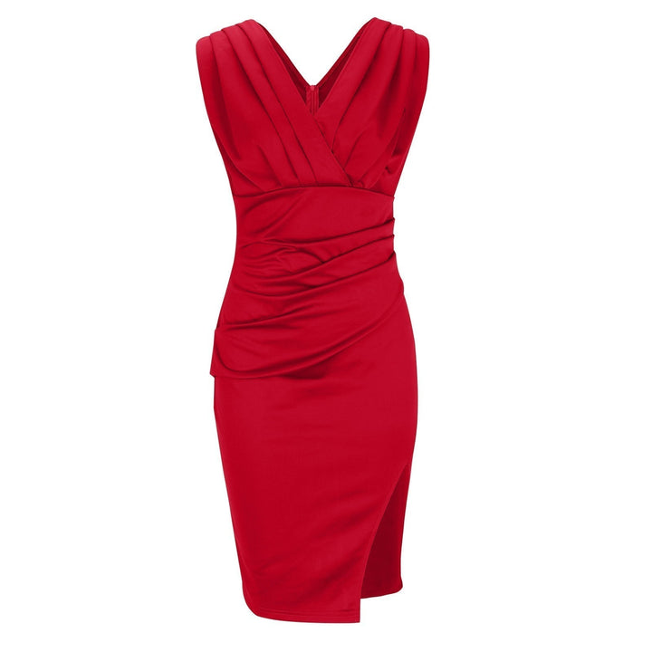 Fresia – Chic Women's Fitted Dress with V-Neck and Midi Skirt with Slit