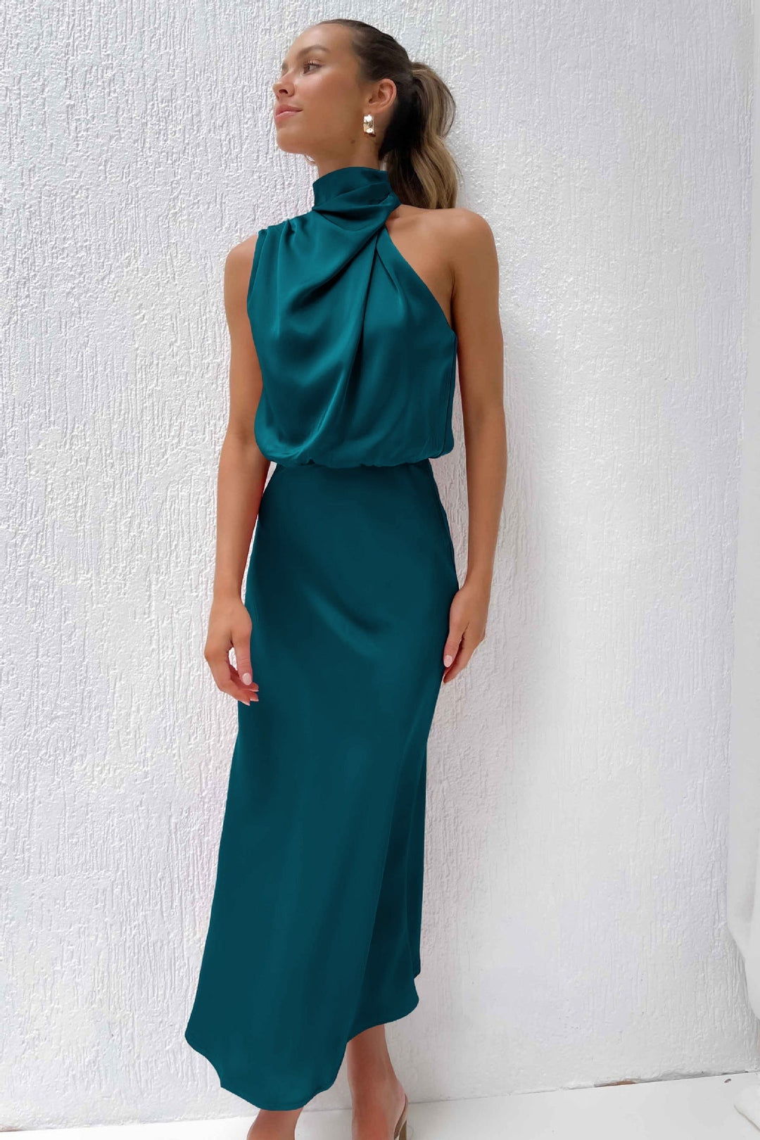 Helena – Elegant Long Satin Dress with High Neck, Various Colors