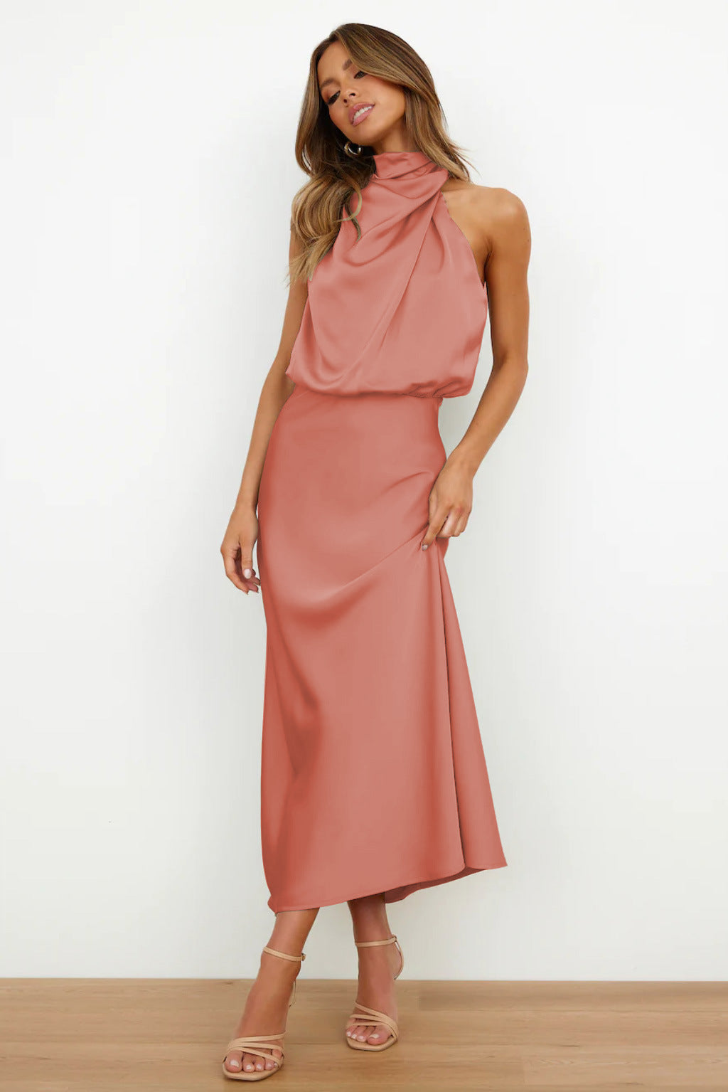 Helena – Elegant Long Satin Dress with High Neck, Various Colors