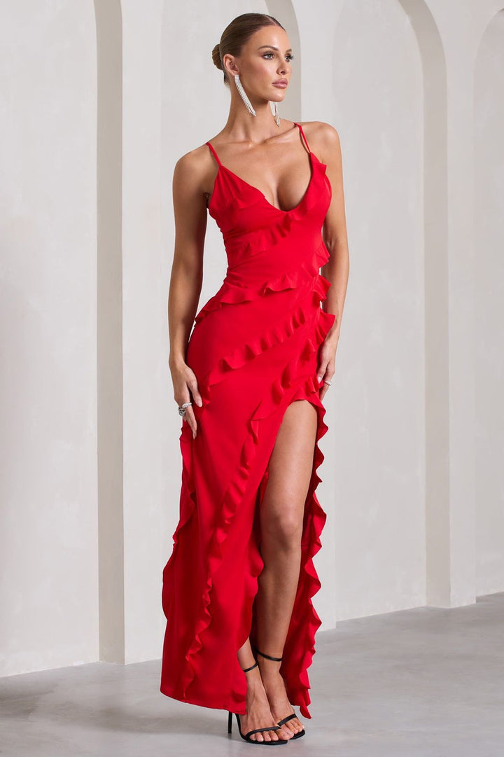 Anna - Red Ruffle Dress with Bold Slit