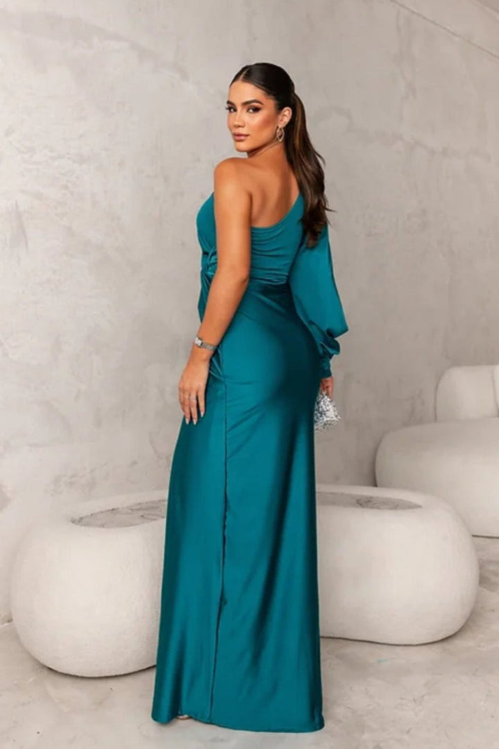 Araceli – Asymmetric Satin Dress with Knot and One Shoulder