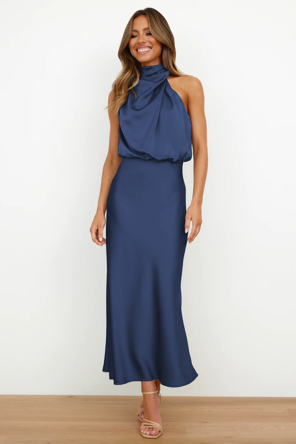 Helena – Elegant Long Satin Dress with High Neck, Various Colors