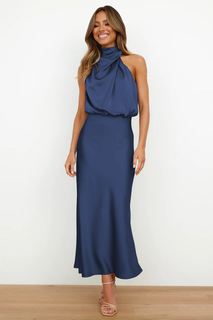 Helena – Elegant Long Satin Dress with High Neck, Various Colors