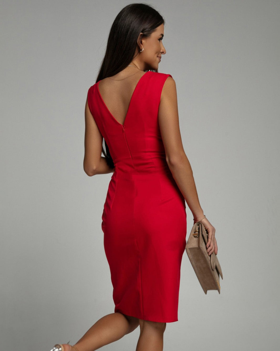 Fresia – Chic Women's Fitted Dress with V-Neck and Midi Skirt with Slit