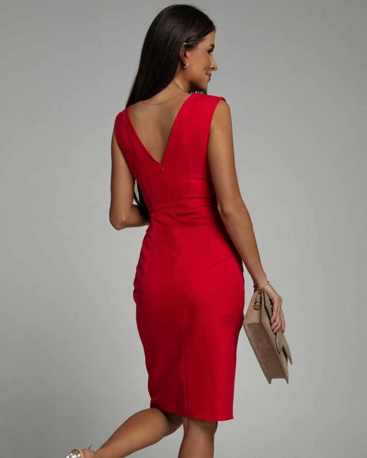 Fresia – Chic Women's Fitted Dress with V-Neck and Midi Skirt with Slit
