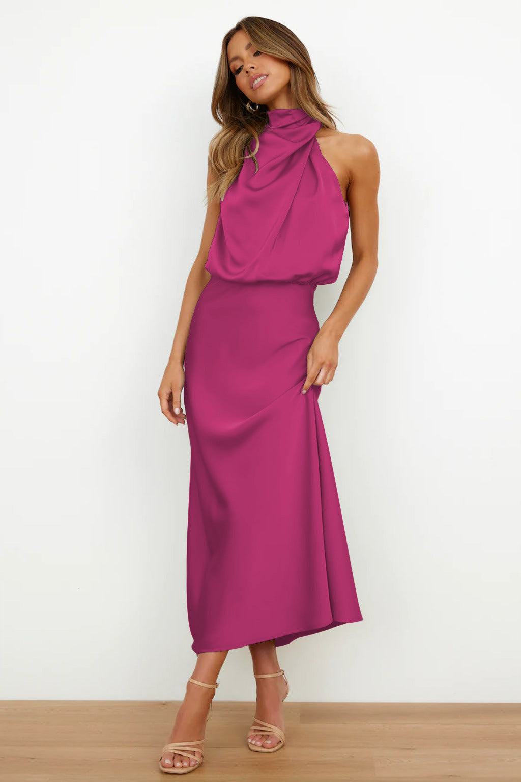 Helena – Elegant Long Satin Dress with High Neck, Various Colors