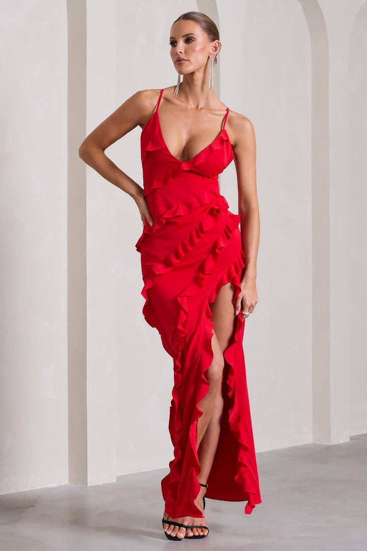 Anna - Red Ruffle Dress with Bold Slit