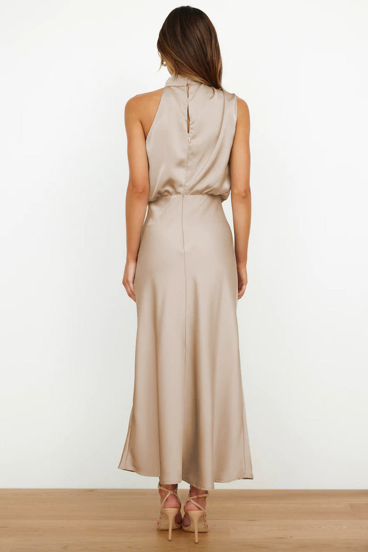 Helena – Elegant Long Satin Dress with High Neck, Various Colors
