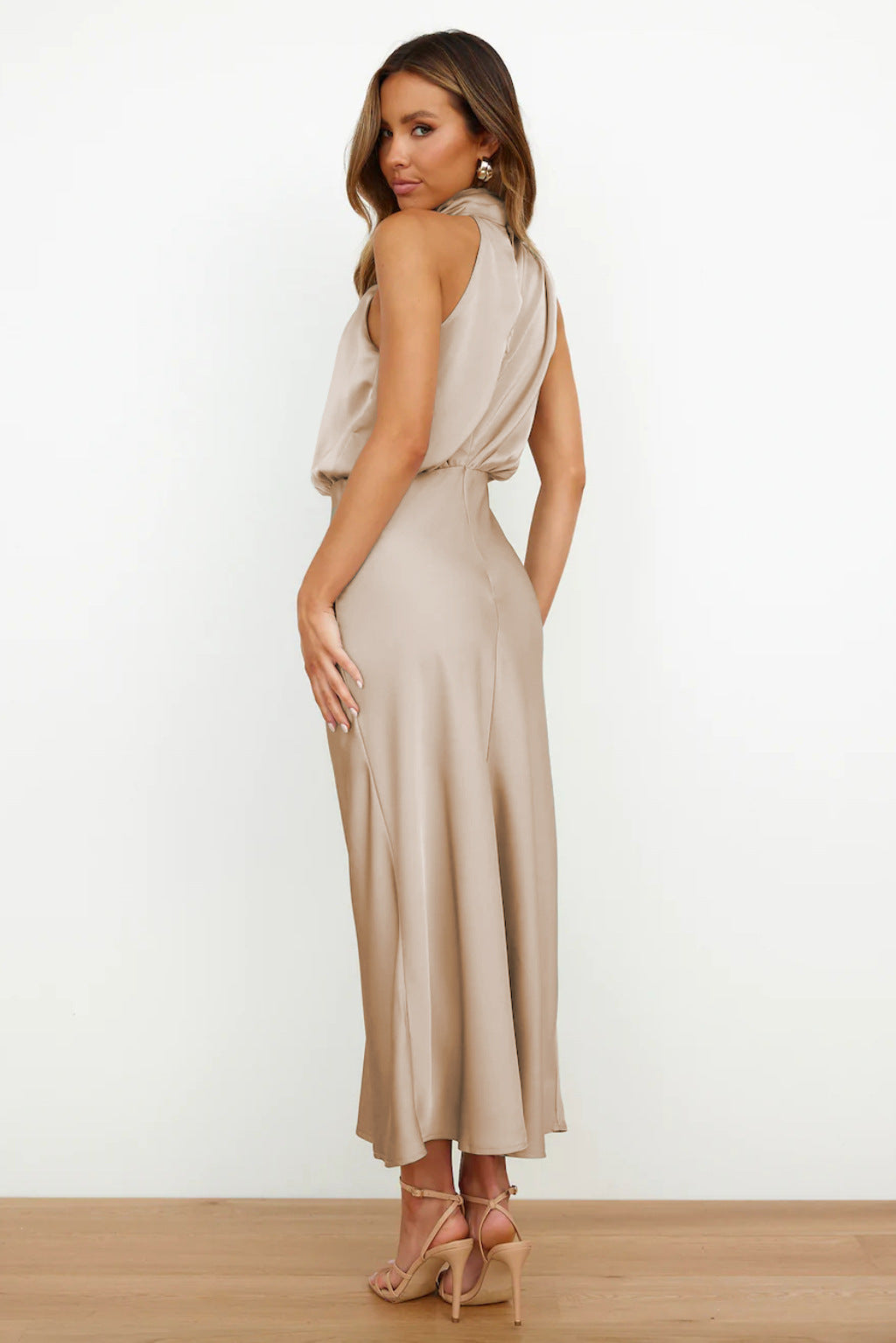 Helena – Elegant Long Satin Dress with High Neck, Various Colors