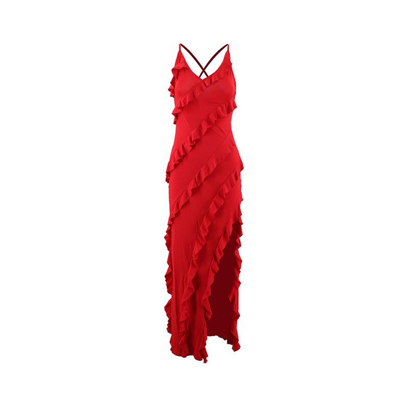 Anna - Red Ruffle Dress with Bold Slit