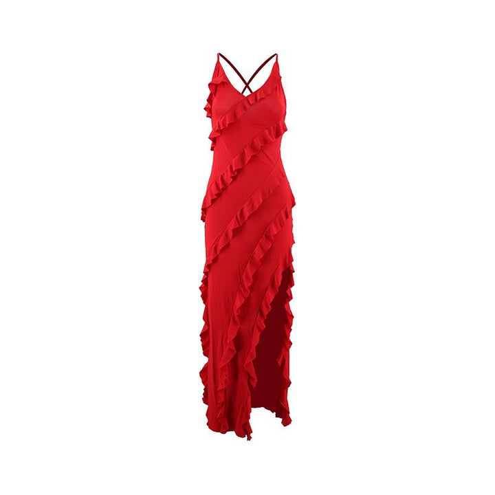 Anna - Red Ruffle Dress with Bold Slit