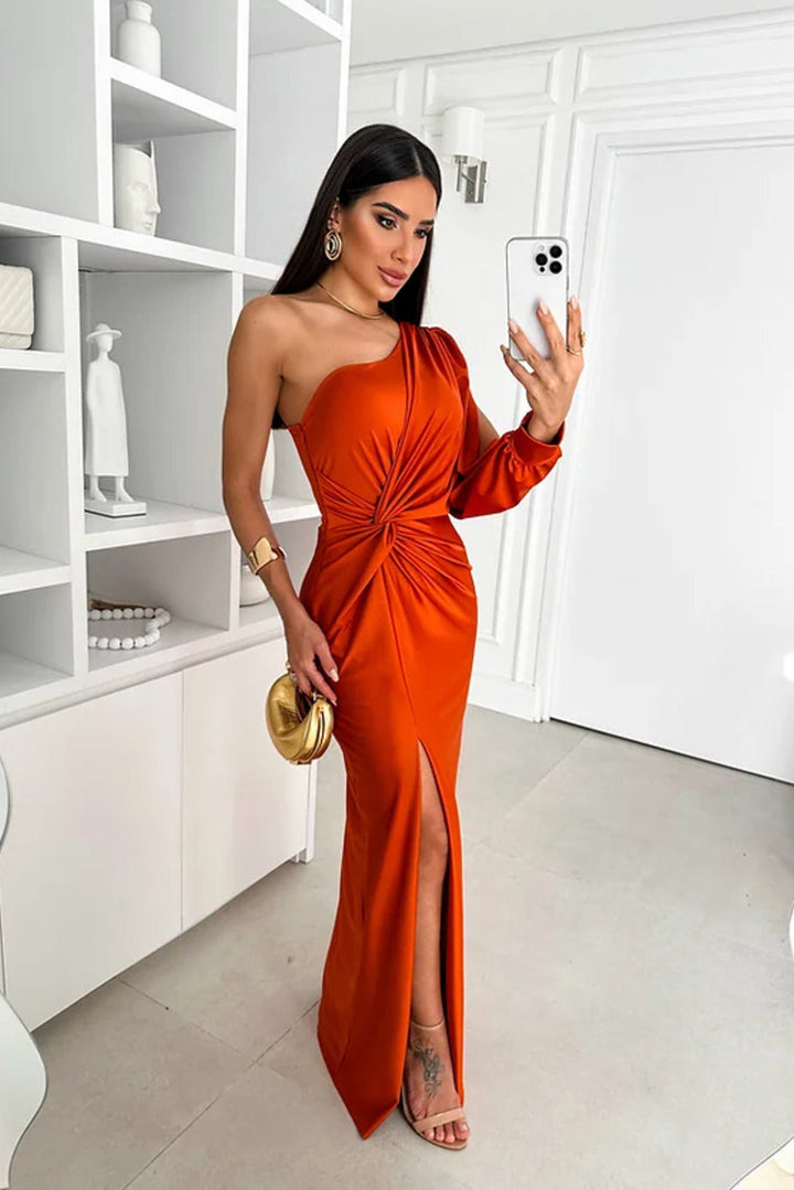 Araceli – Asymmetric Satin Dress with Knot and One Shoulder