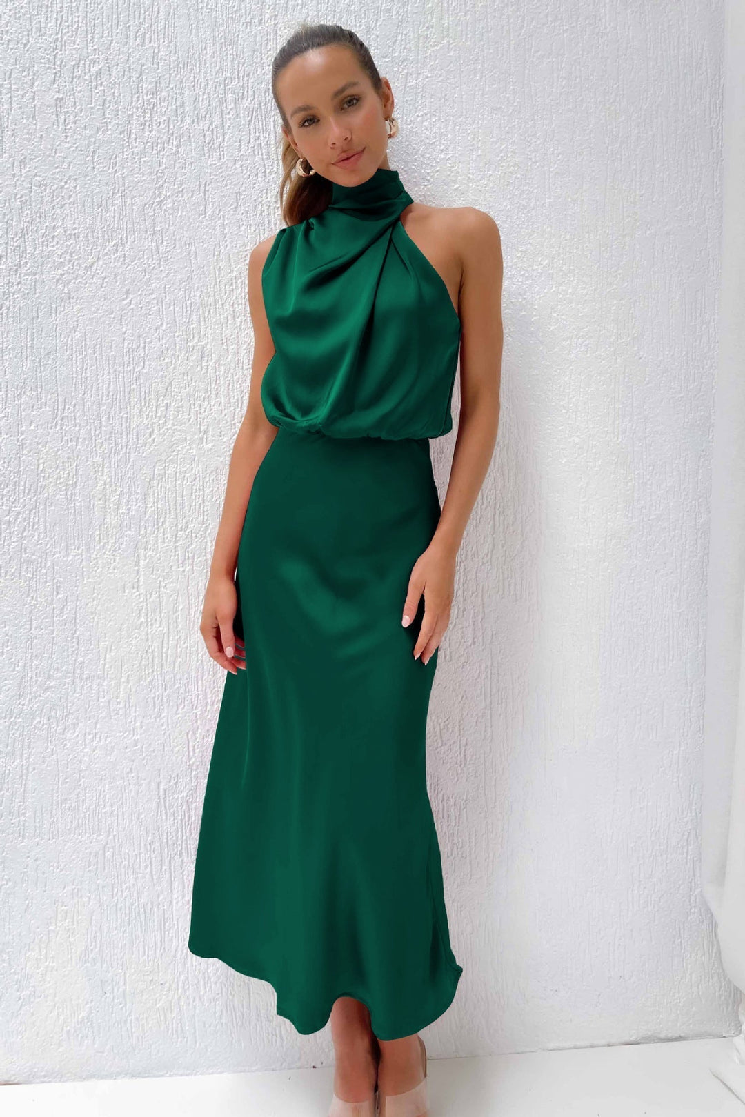 Helena – Elegant Long Satin Dress with High Neck, Various Colors