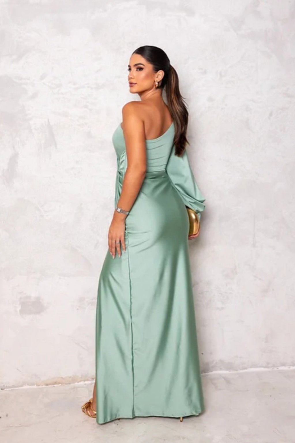 Araceli – Asymmetric Satin Dress with Knot and One Shoulder