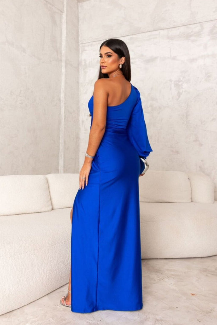Araceli – Asymmetric Satin Dress with Knot and One Shoulder