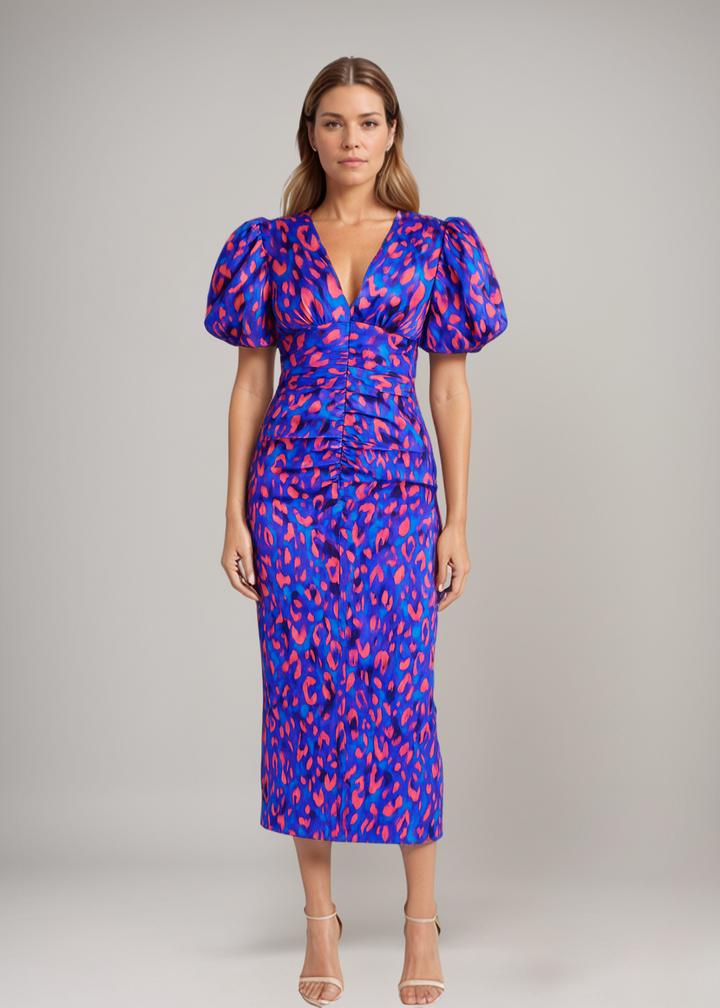 Lily – Midi Multicolored Dress with Pleats and Puff Sleeves for Summer