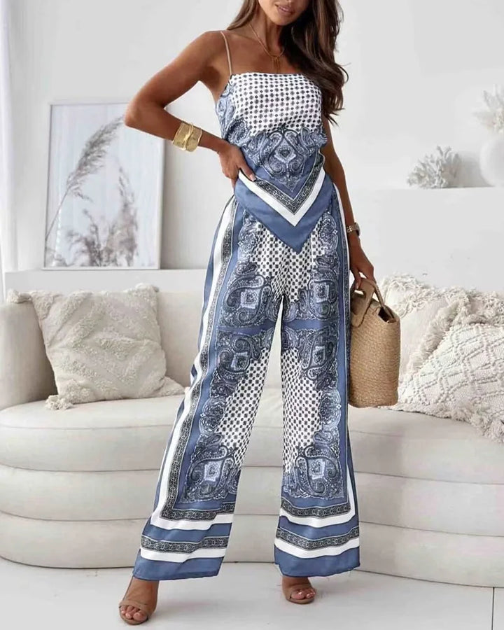 Alya | Elegant two-piece set with vest and printed pants with ties