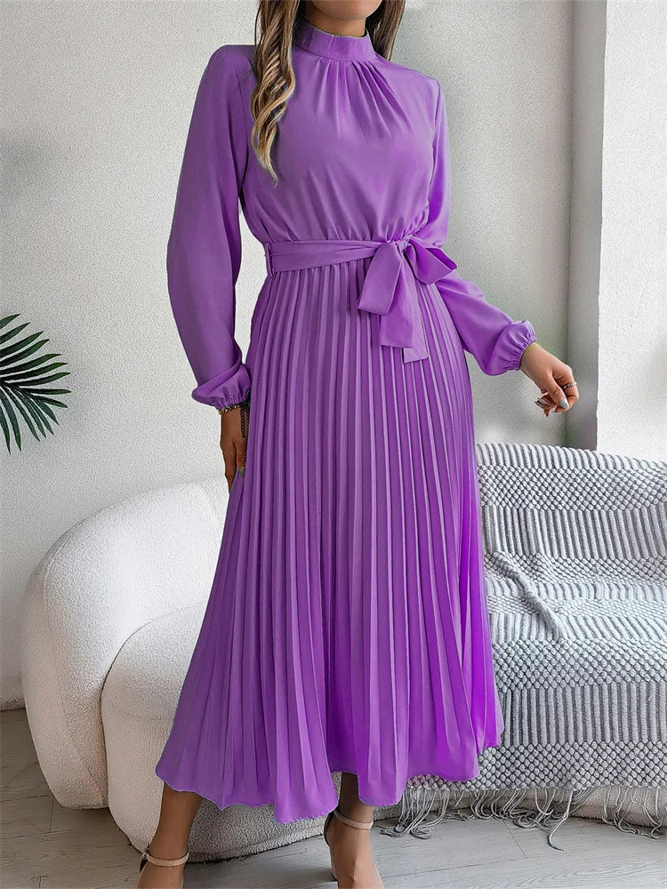 Katrine – Elegant Long Dress with Pleated Skirt, High Waist, Comfortable