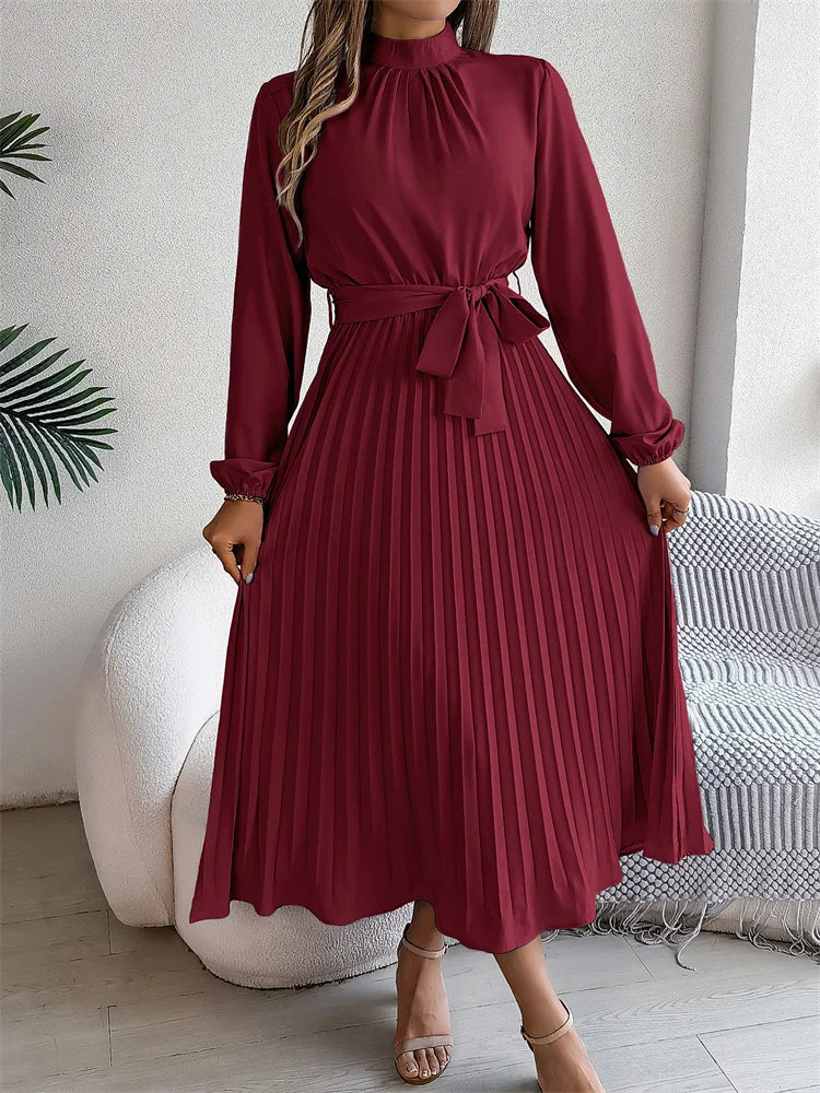 Katrine – Elegant Long Dress with Pleated Skirt, High Waist, Comfortable