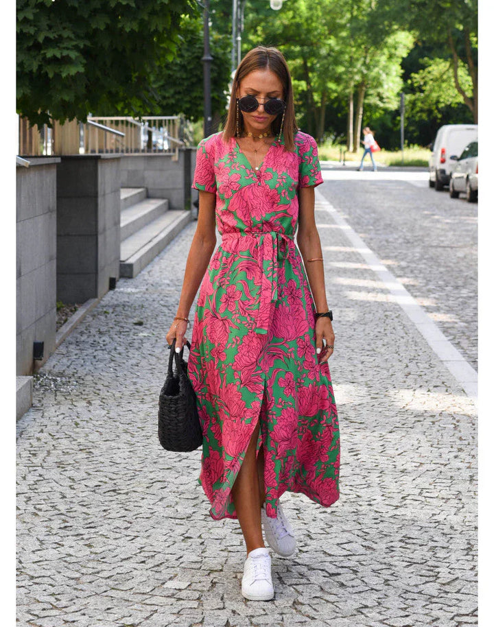 Agnieska – Elegant Midi Dress for Women with V-Neck