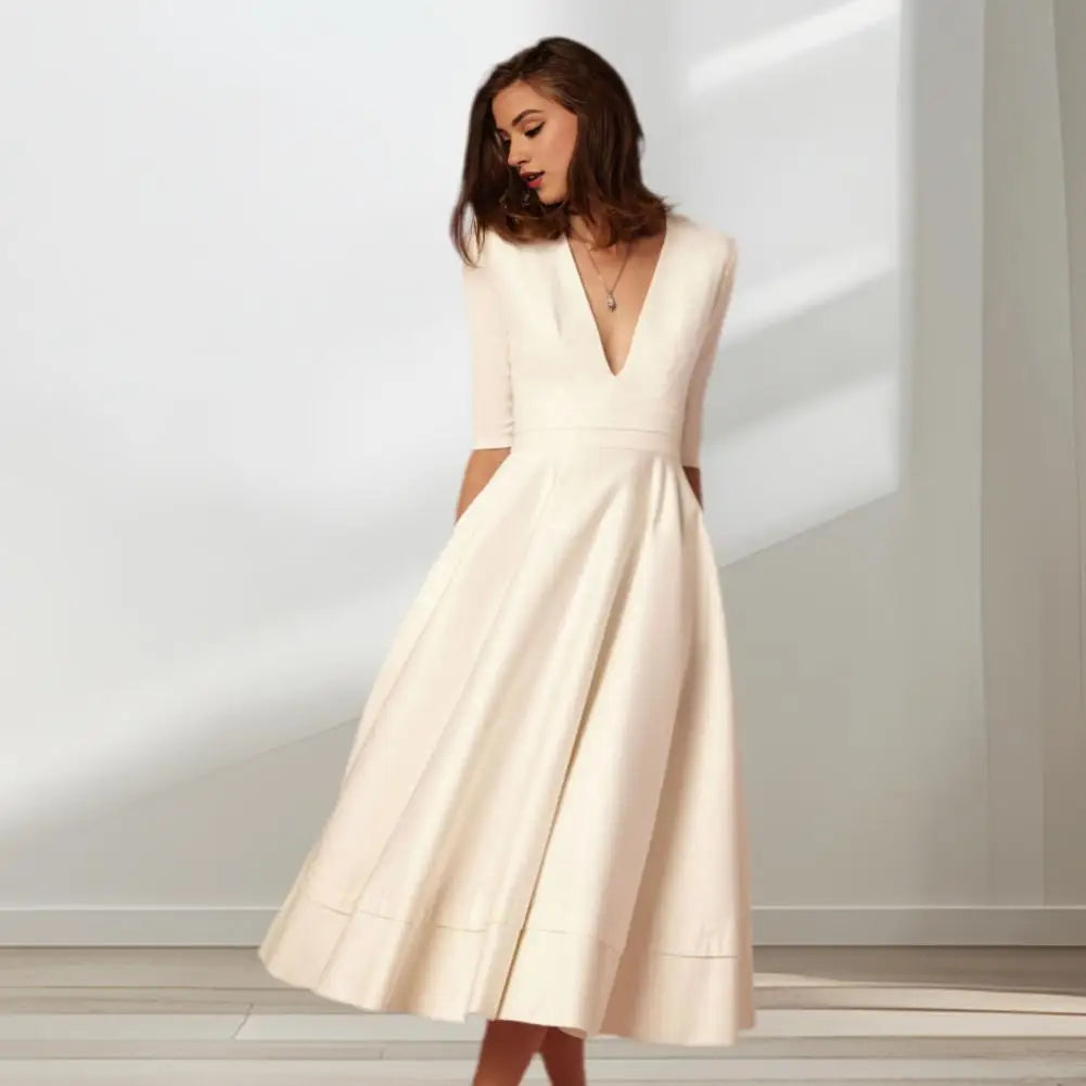 Rebekka – Women’s Midi A-Line Dress with Three-Quarter Sleeves for Summer