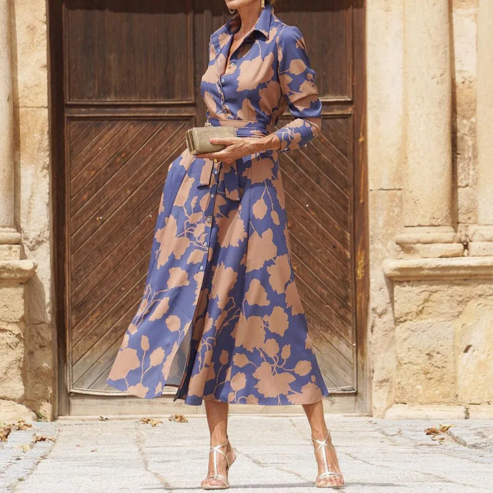 Floriza – Classic Midi Shirt Dress with Belt and Long Sleeves