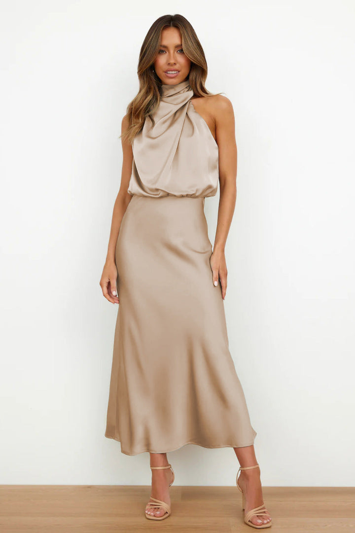 Helena – Elegant Long Satin Dress with High Neck, Various Colors