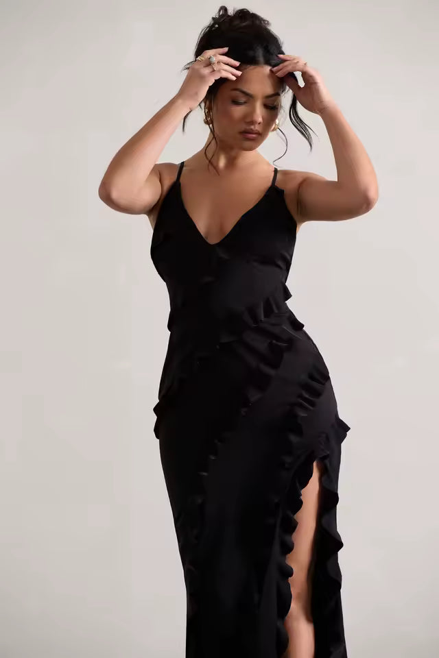 Anna - Red Ruffle Dress with Bold Slit
