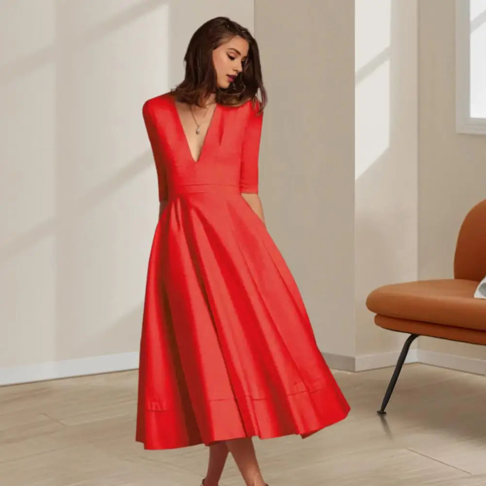 Rebekka – Women’s Midi A-Line Dress with Three-Quarter Sleeves for Summer