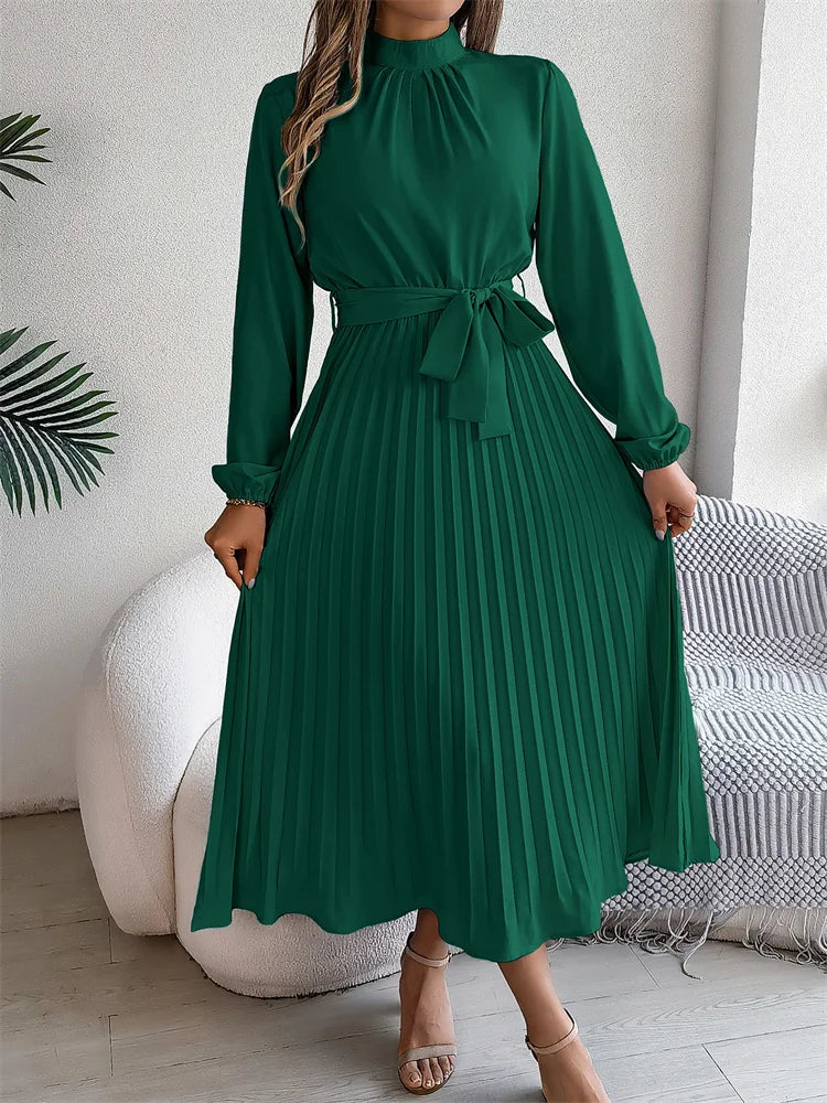 Katrine – Elegant Long Dress with Pleated Skirt, High Waist, Comfortable