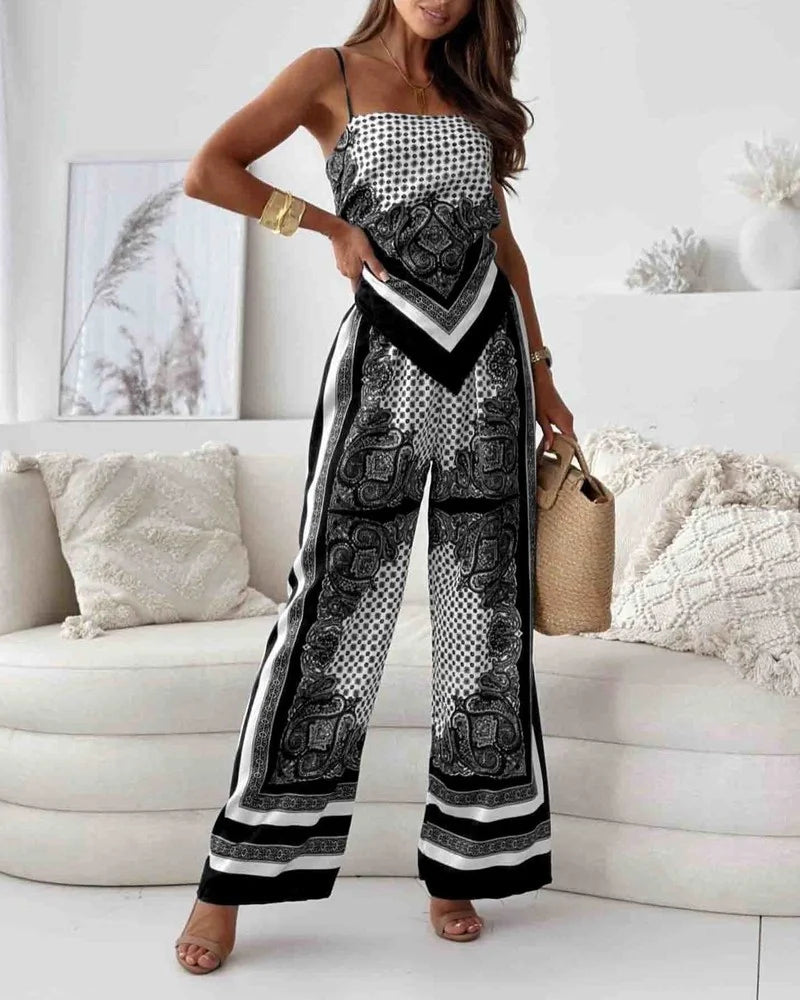 Alya | Elegant two-piece set with vest and printed pants with ties
