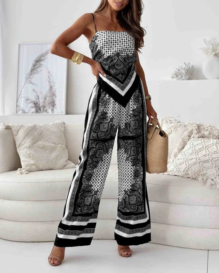 Alya | Elegant two-piece set with vest and printed pants with ties