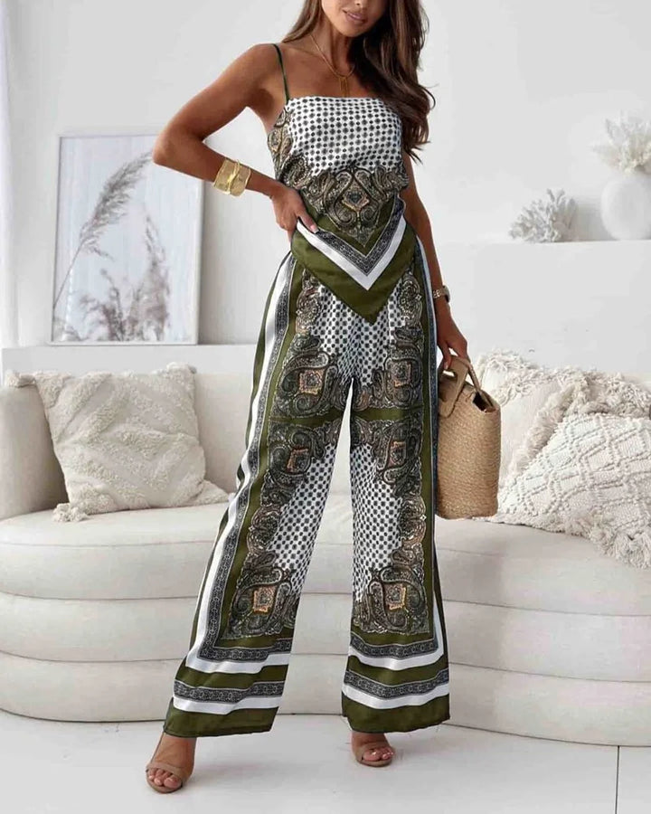 Alya | Elegant two-piece set with vest and printed pants with ties