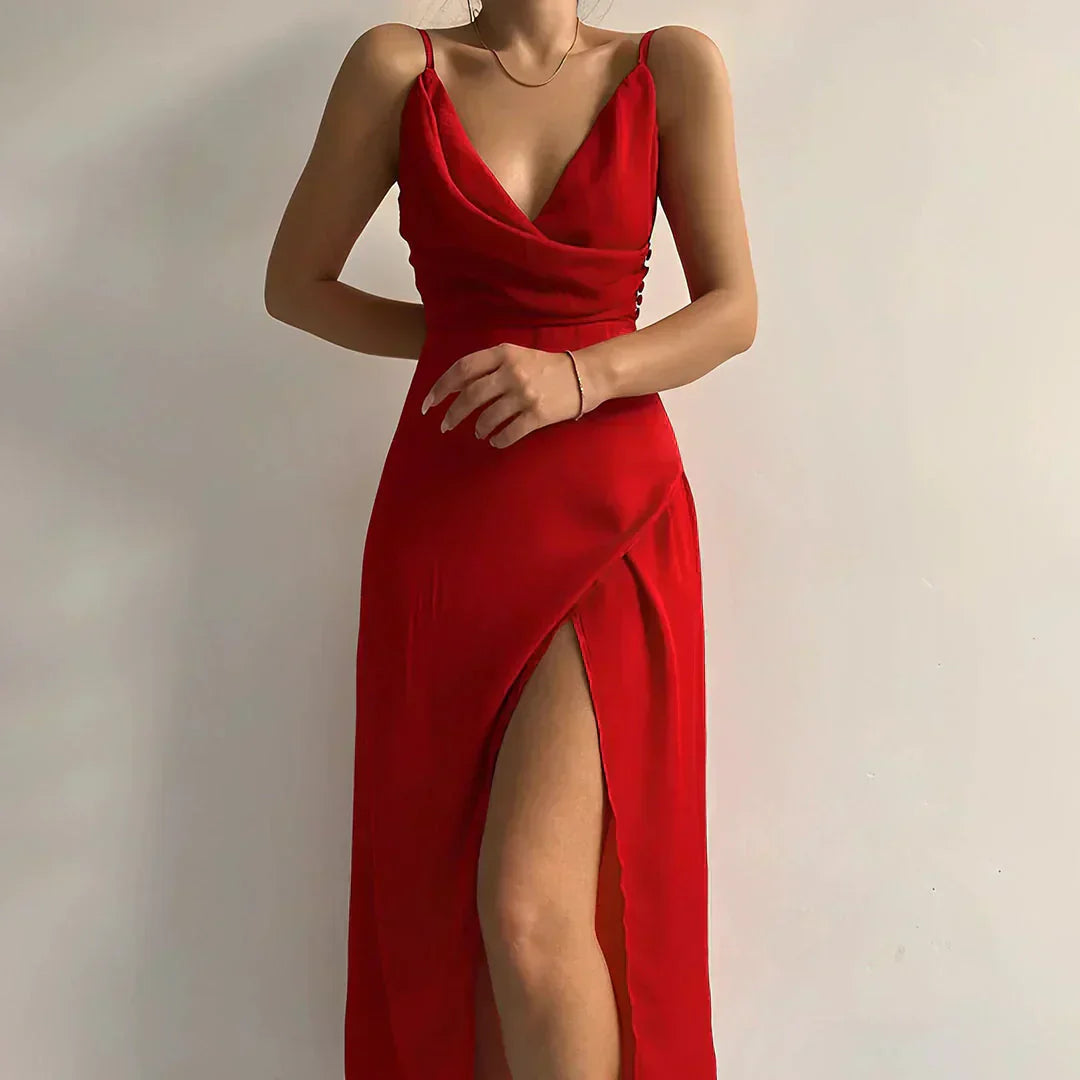 Mila – Elegant Satin Dress with Waterfall Neckline and Slits