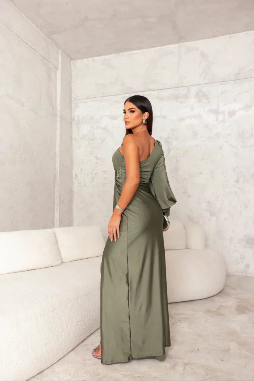 Araceli – Asymmetric Satin Dress with Knot and One Shoulder