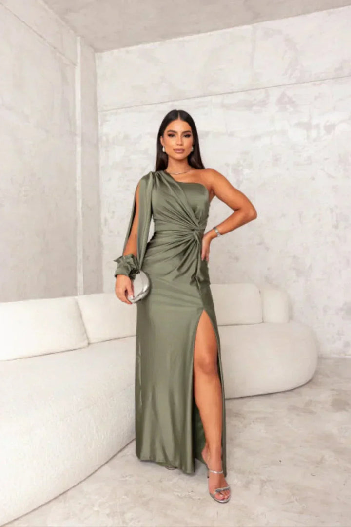 Araceli – Asymmetric Satin Dress with Knot and One Shoulder