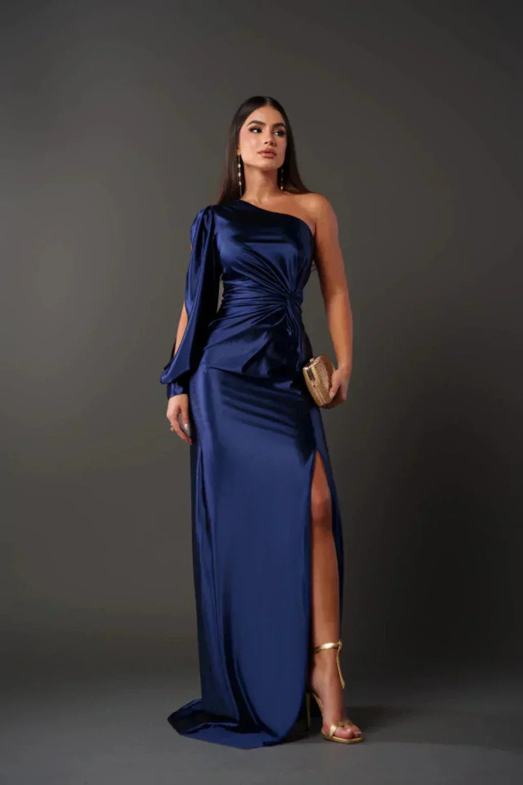 Araceli – Asymmetric Satin Dress with Knot and One Shoulder
