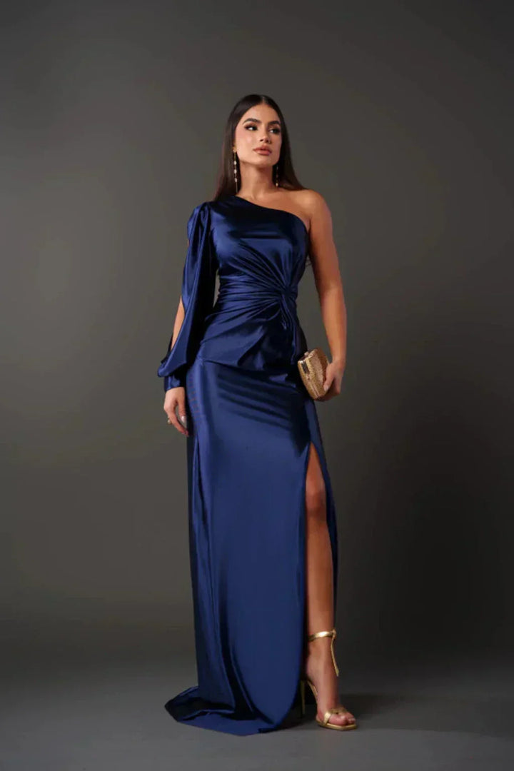 Araceli – Asymmetric Satin Dress with Knot and One Shoulder