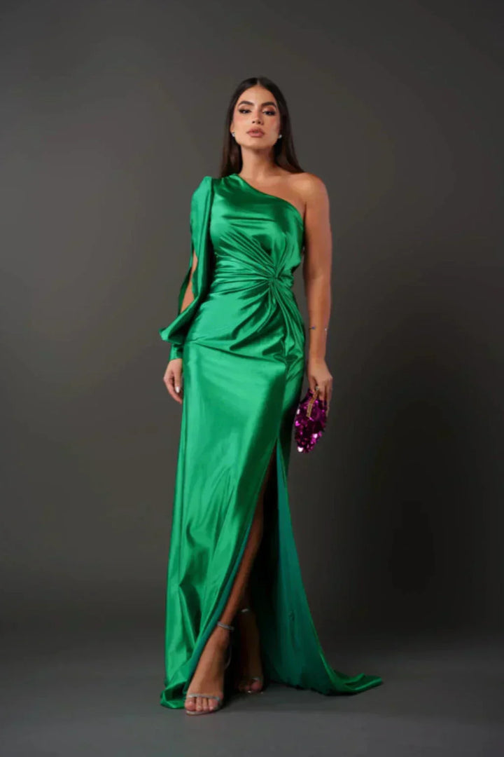 Araceli – Asymmetric Satin Dress with Knot and One Shoulder