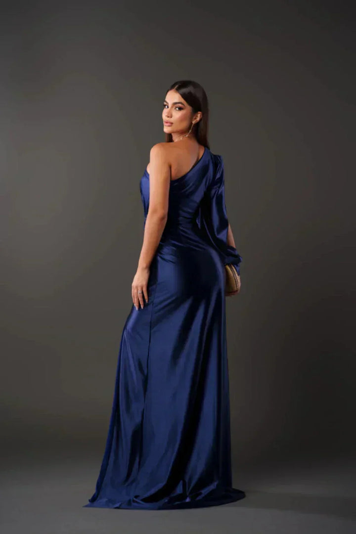 Araceli – Asymmetric Satin Dress with Knot and One Shoulder