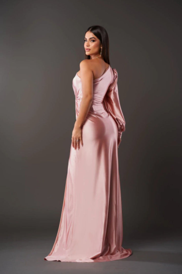 Araceli – Asymmetric Satin Dress with Knot and One Shoulder