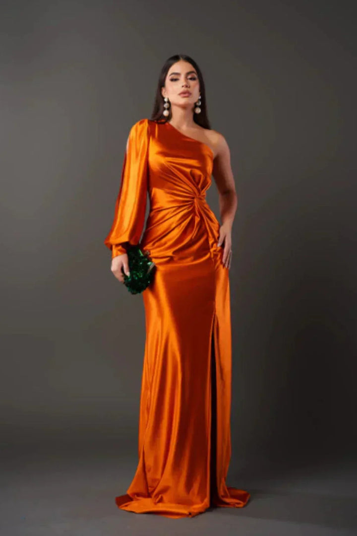 Araceli – Asymmetric Satin Dress with Knot and One Shoulder