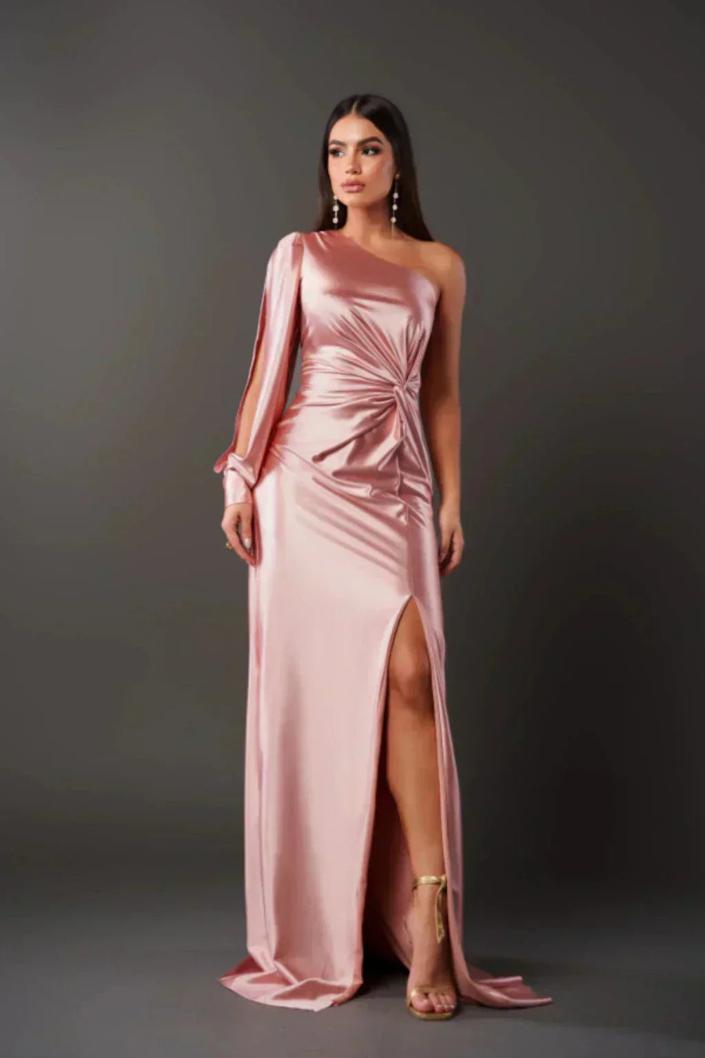 Araceli – Asymmetric Satin Dress with Knot and One Shoulder