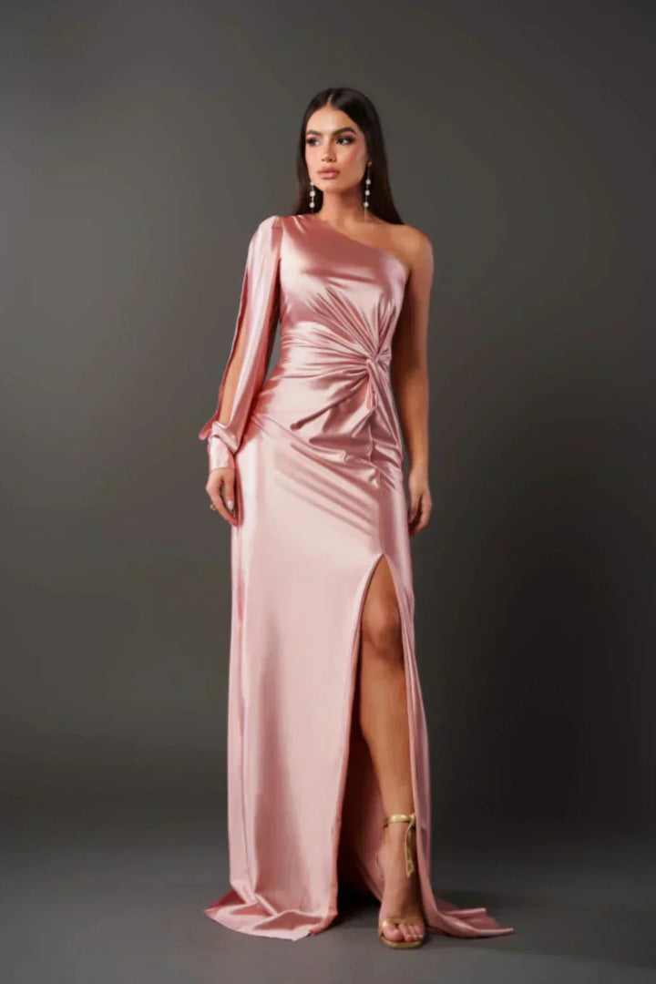 Araceli – Asymmetric Satin Dress with Knot and One Shoulder