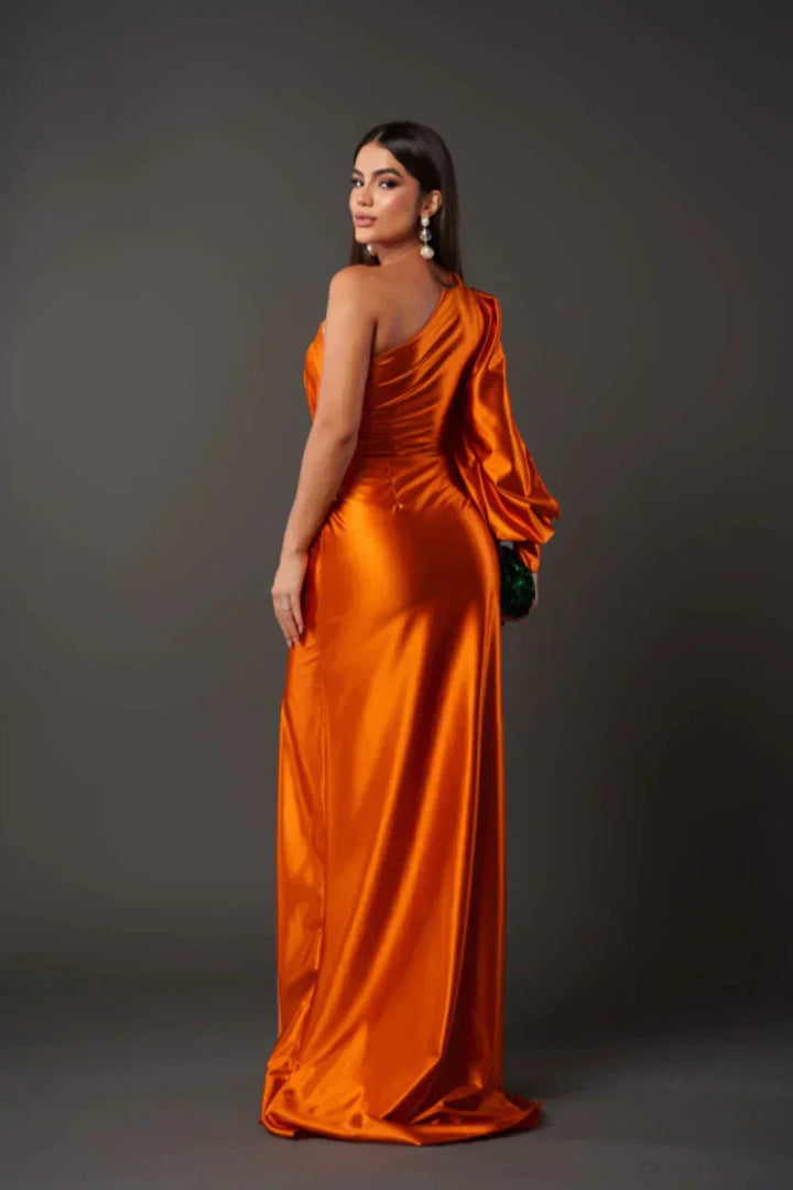 Araceli – Asymmetric Satin Dress with Knot and One Shoulder