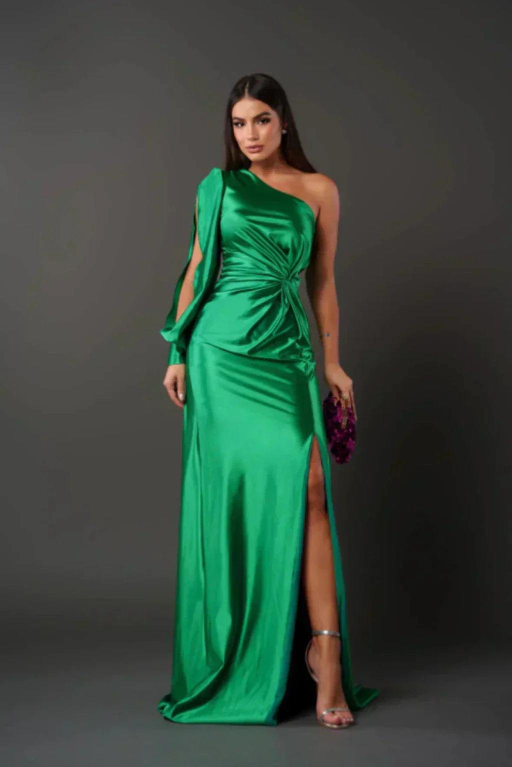 Araceli – Asymmetric Satin Dress with Knot and One Shoulder