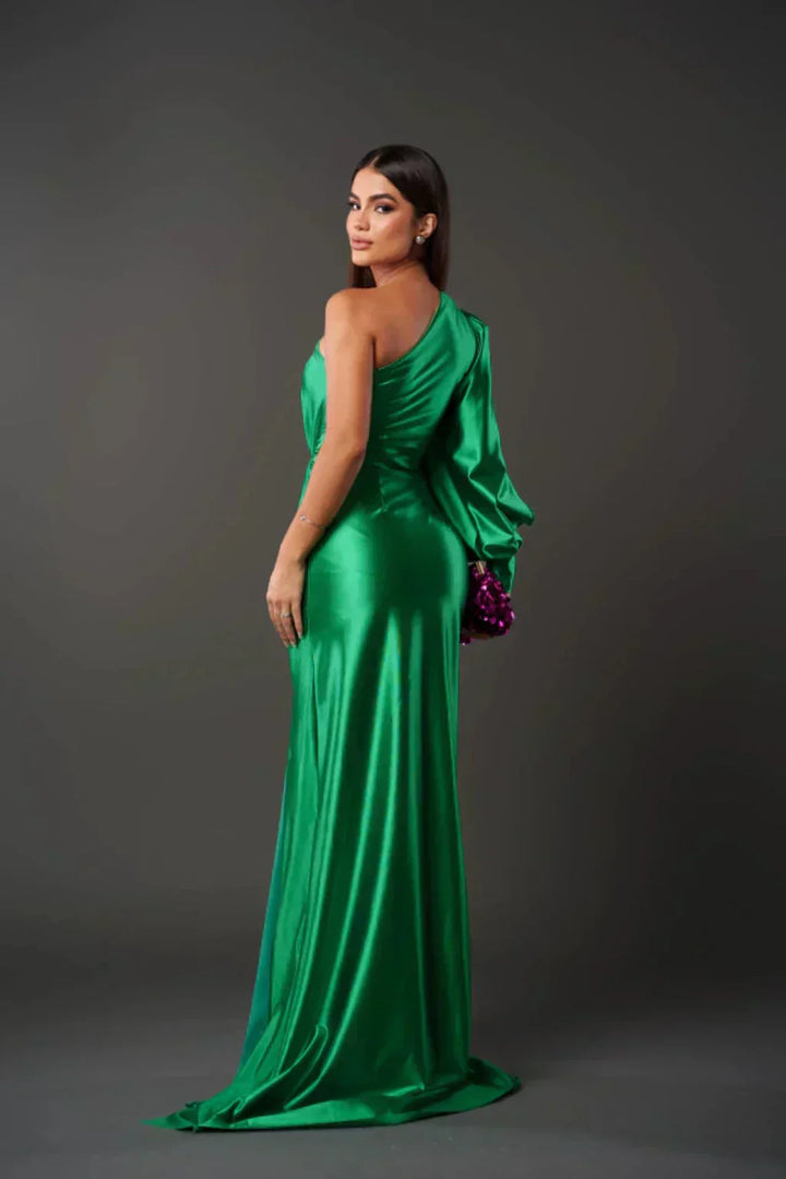 Araceli – Asymmetric Satin Dress with Knot and One Shoulder