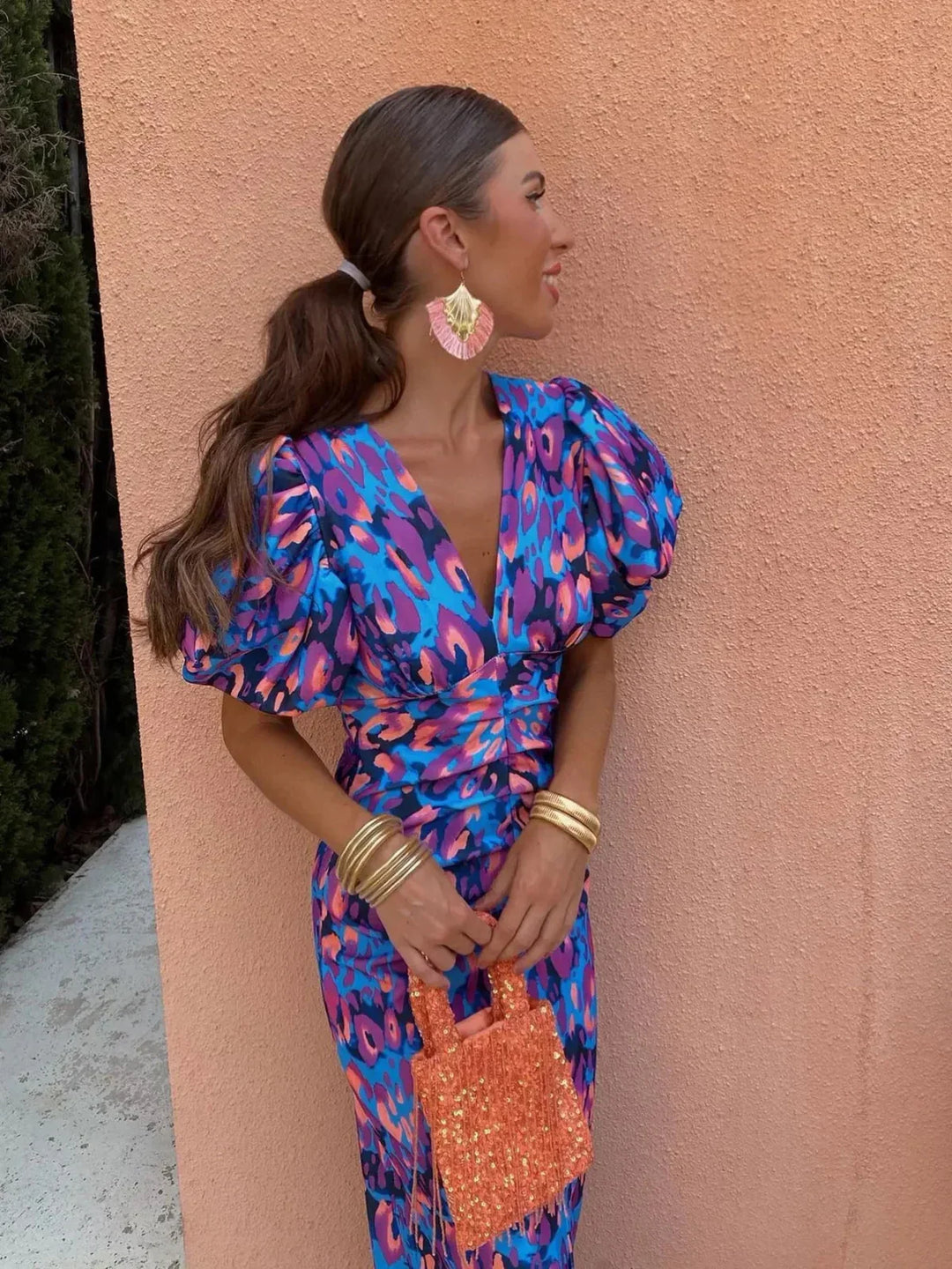 Lily – Midi Multicolored Dress with Pleats and Puff Sleeves for Summer