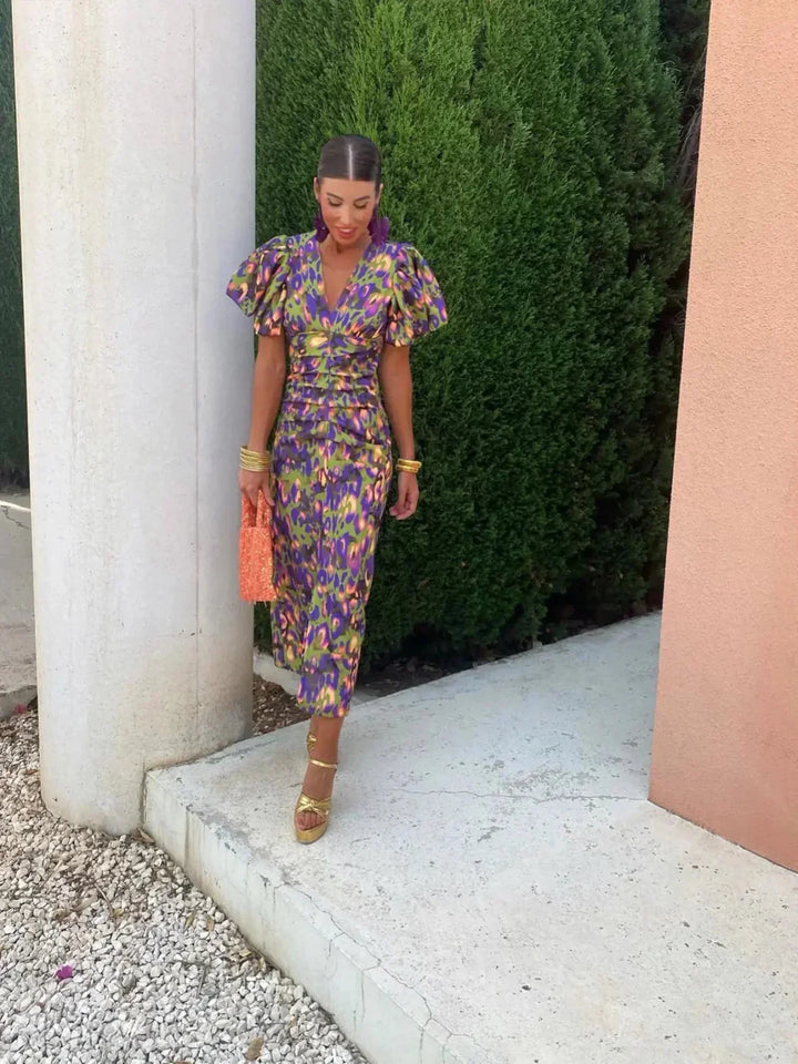 Lily – Midi Multicolored Dress with Pleats and Puff Sleeves for Summer